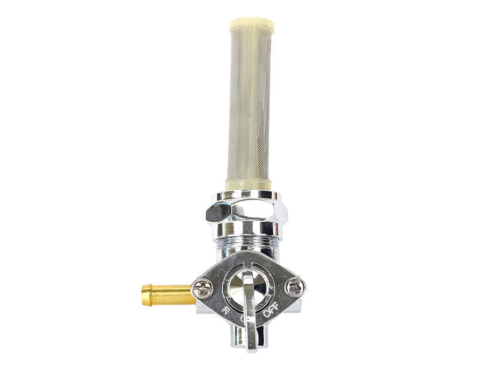 Fuel Tap / Petcock with 22mm Thread, 5/16in. Forward Facing Fuel Outlet - Chrome. Fits Softail 1984-2006, Dyna 1991-2006, FXR 1982-1994, Touring 1988-2006, Sportster 1975-2006 & 4Spd Big Twin 1975-1986 - Rollies Speed Shop