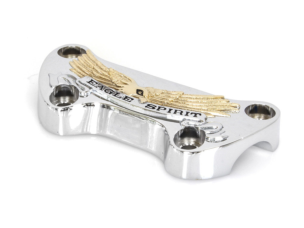 Eagle Spirit Logo Handlebar Top Clamp - Chrome & Gold. Fits HD Big Twin 1974up & Sportster 1974-2021. - Rollies Speed Shop