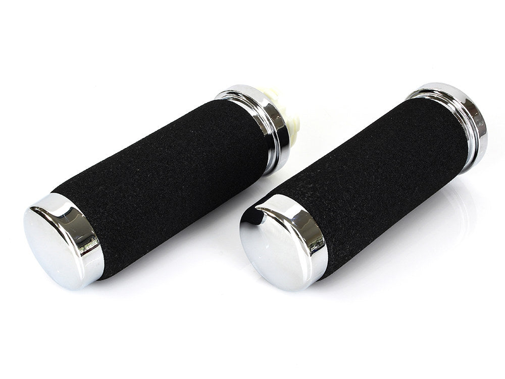 Black Soft Touch Handgrips - Chrome. Fits H-D with Throttle Cable. - Rollies Speed Shop