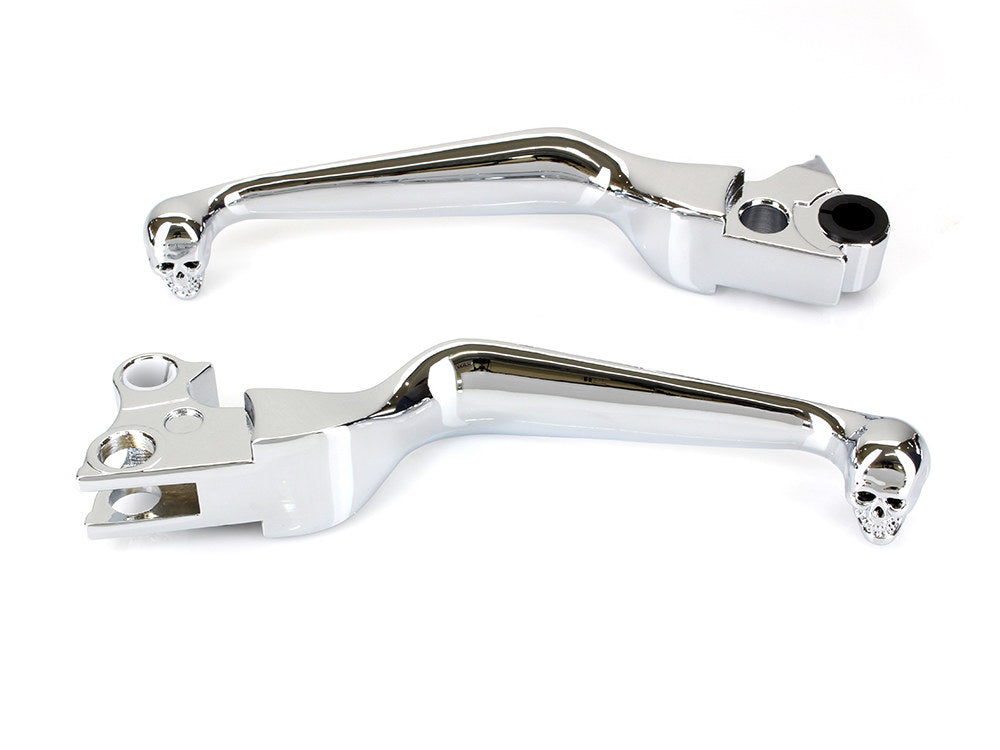 Hand Levers with Custom Skull Head Ends - Chrome. Fits Big Twin 1996-2006 & Sportster 1996-2003. - Rollies Speed Shop