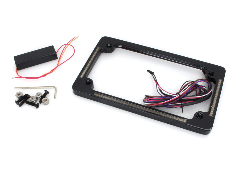Flat Number Plate Frame with LED Amber Turn Signals & Red Brake Light - Black. - Custom Dynamics