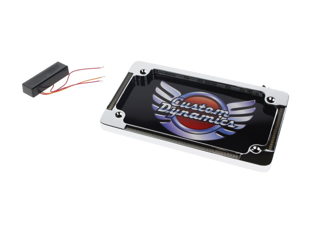 Flat Number Plate Frame with LED Amber Turn Signals & Red Brake Light - Chrome. - Custom Dynamics