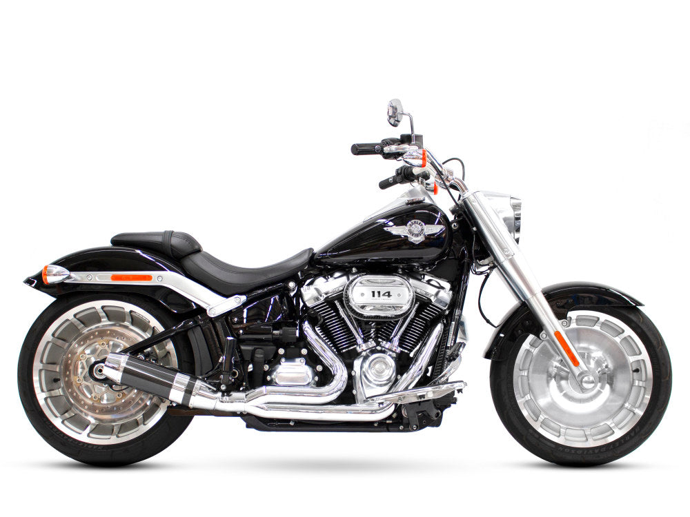 Bob Cat 2-into-1 Exhaust - Chrome with Carbon Fibre Sleeve Muffler. Fits Breakout & Fat Boy 2018up & FXDR 2019up. - D&D Exhaust