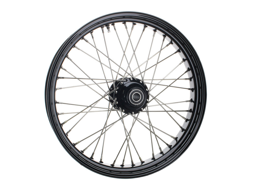 21in. x 3.5in. 40 Spoke Cross Laced Front Wheel - Gloss Black & Chrome. Fits Softail Heritage 2011up, Deluxe 2011-2020, Slim 2012-2021 & Fatboy 2011-2017 - DNA Specialty