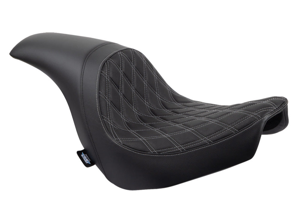 Performance Predator Dual Seat with Silver Double Diamond Lattice Stitch. Fits Sport Glide & Low Rider 2018up, Low Rider S 2020up & Low Rider ST 2022up - Drag Specialties