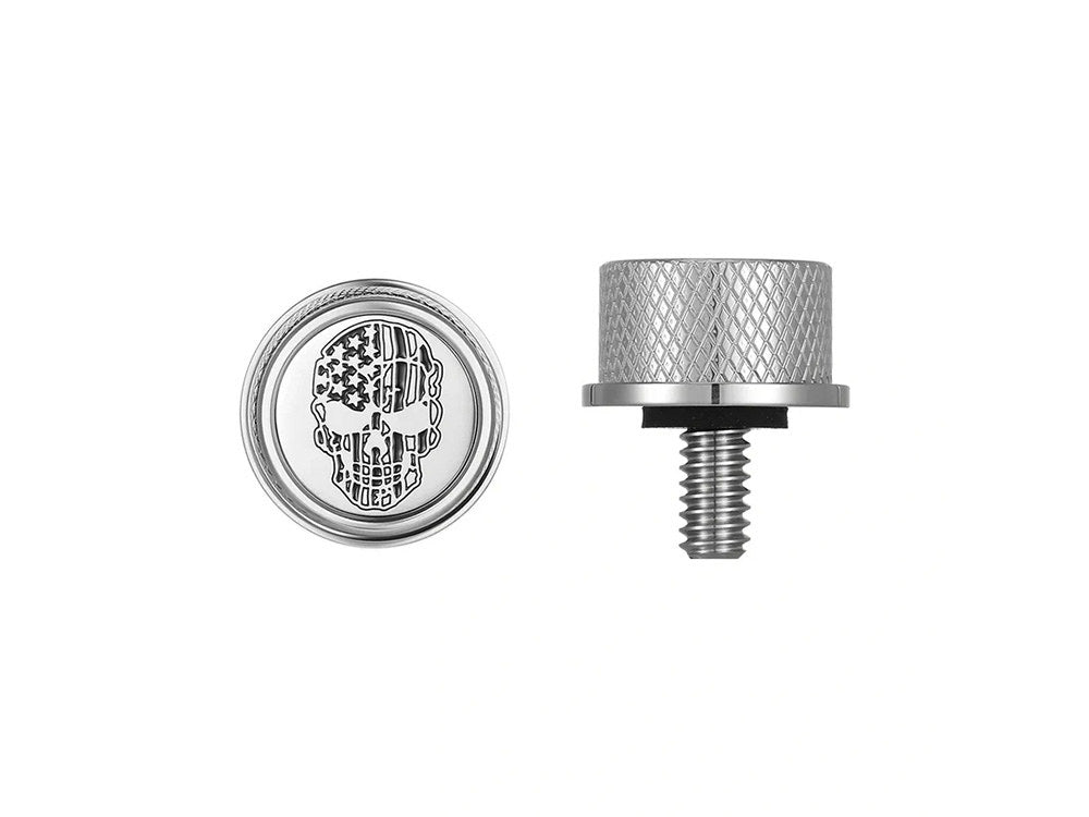 1/4in.-20 Knurled Seat Mount Screw - Stainless with American Flag Skull. Fits H-D 1996up - Figurati Designs