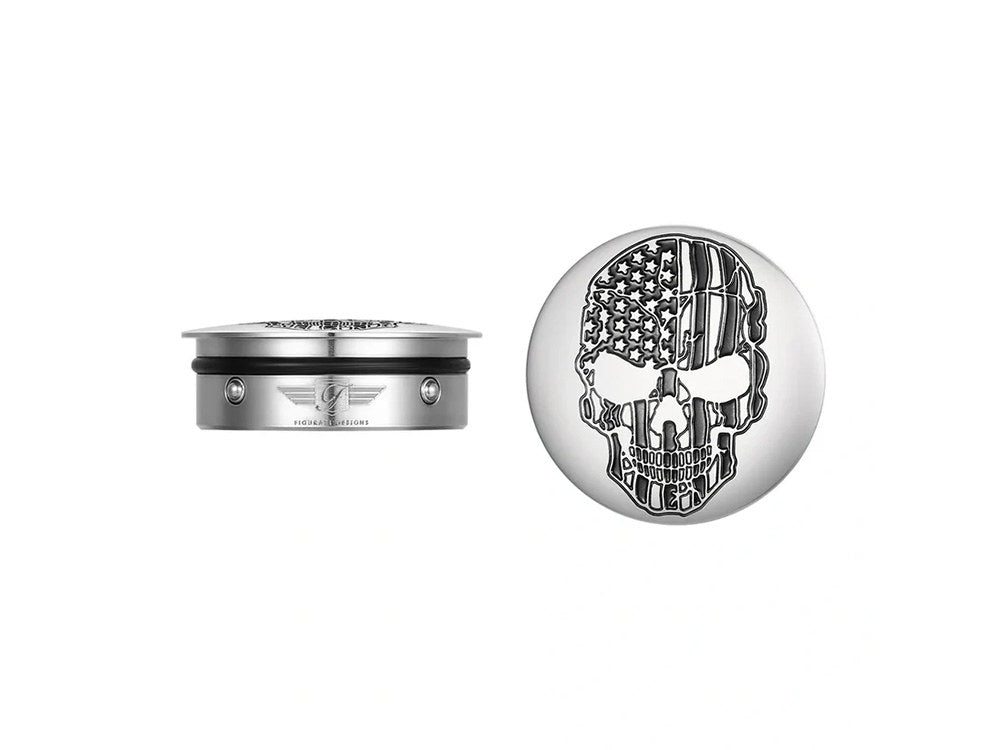 Swingarm Pivot Bolt Covers - Stainless with American Flag Skull. Fits Touring 2011up - Figurati Designs