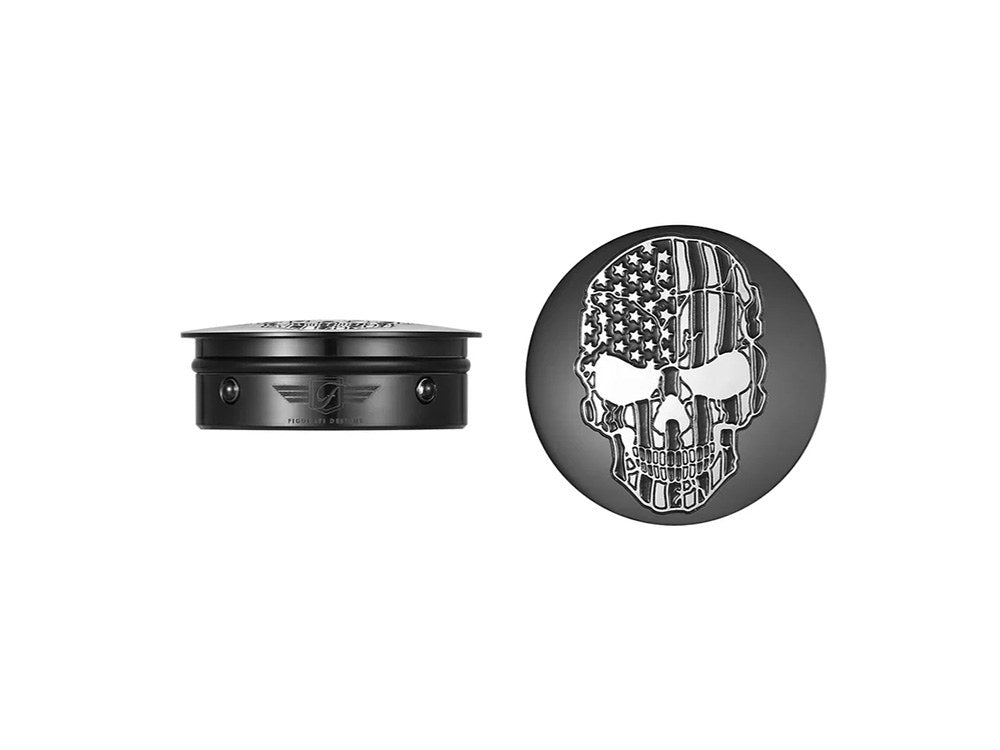 Swingarm Pivot Bolt Covers - Black with American Flag Skull. Fits Touring 2011up - Figurati Designs