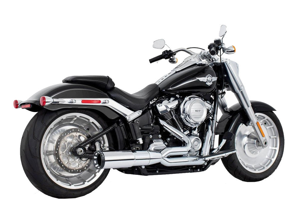 2-into-1 Two Step Exhaust - Chrome with Black End Cap. Fits Softail Breakout & Fatboy 2018up with 240 Tyre. - Freedom Performance Exhaust