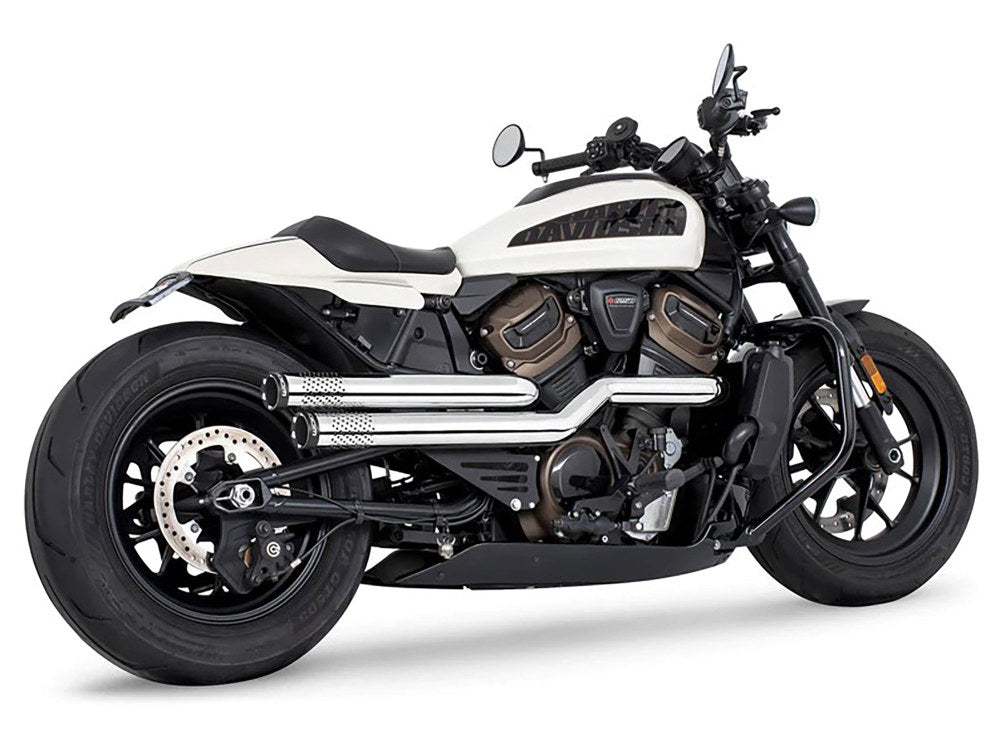 Independence Perforated High Exhaust - Chrome with Black End Caps. Fits Sportster S 2021-2023 - Freedom Performance Exhaust