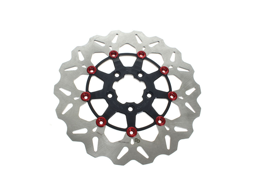 11.8in. Front Wave Floating Disc Rotor - Black with Red Buttons. Fits Dyna 2006-2017, Softail 2015up, Sportster 2014-2021 & Some Touring 2008-2023 - Gbrakes