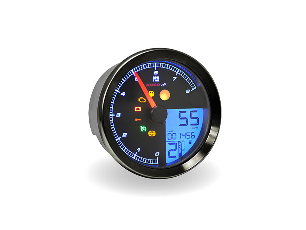 3-3/8in. Round Speedometer with Tachometer - Black. Fits Softail Fat Bob 2018up, Sportster 2014-2021, Dyna Street Bob, Low Rider & Wide Glide 2012-2017 & Softail Breakout, Rocker & Black Line 2011-2017. - Koso