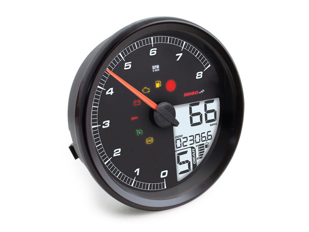 4-1/2in. Tank Mount Speedometer with Tachometer - Black. Fits Softail 2011-2017, Road King 2014up & Dyna Switchback, Custom & Fat Bob 2012-2017. - Koso