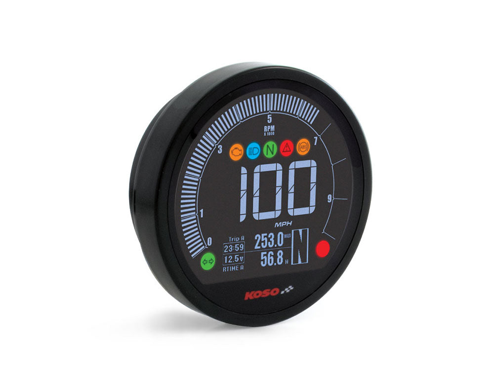 3-3/8in. Round Speedometer with Tachometer - Black. Fits Dyna 2004-2011, Sportster 2004-2013 & Rocker 2008-2010 - Koso