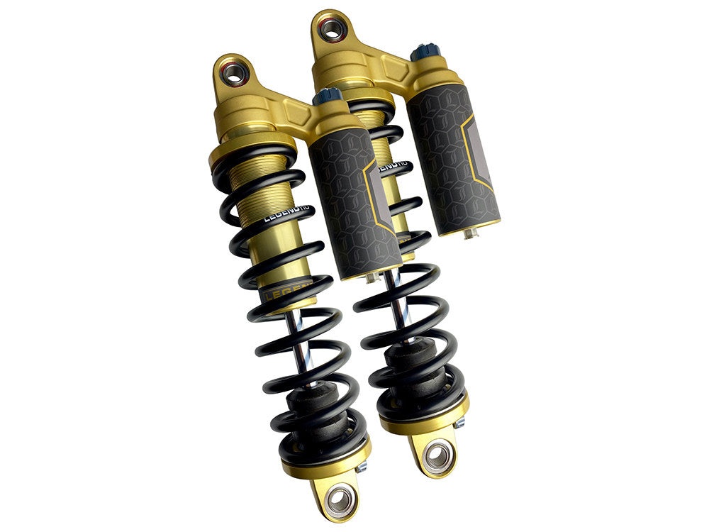 Revo ARC Piggyback Suspension. 13in. Adjustable Rear Shock Absorbers - Gold. Fits Dyna 1991-2017. - Legend Suspension