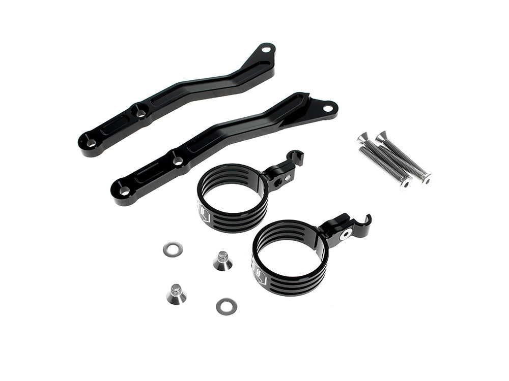 Revo ARC Remote Reservoir External Mounting Brackets - Black. Fits CVO Touring 2014up, Street Glide & Road Glide 2024up, Touring 2025up - Legend Suspension