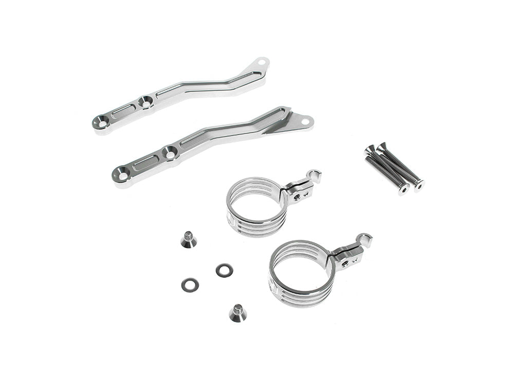 Revo ARC Remote Reservoir External Mounting Brackets - Clear. Fits CVO Touring 2015up, Street Glide & Road Glide 2024up, Touring 2025up - Legend Suspension