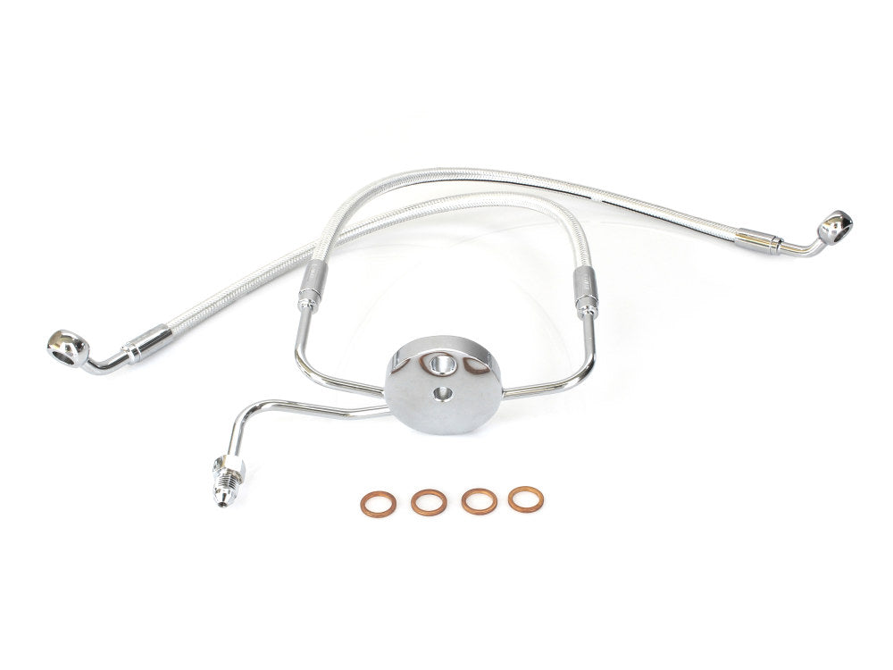 Lower Front Brake Line with T-Piece - Sterling Chromite. Fits Sportster 2004-2013 with Dual Front Calipers - Magnum Shielding
