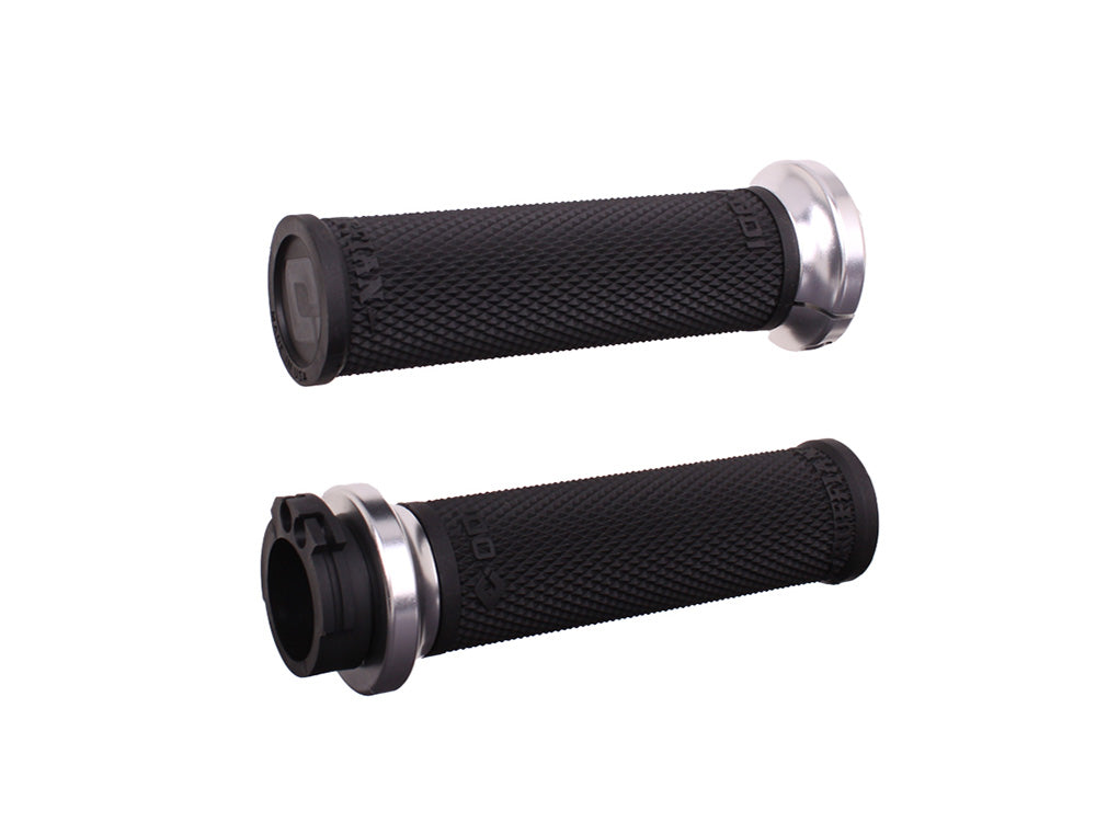 Ruffian Lock-On Handgrips - Black/Silver. Fits H-D with Throttle Cable. - ODI Grips & Bars