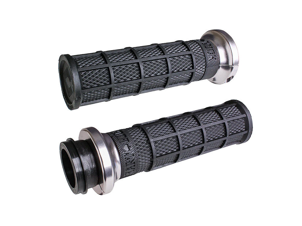 Hart-Luck Full Waffle Lock-On Handgrips - Silver. Fits Big Twin 2008-2024 with Throttle-by-Wire - ODI Grips & Bars
