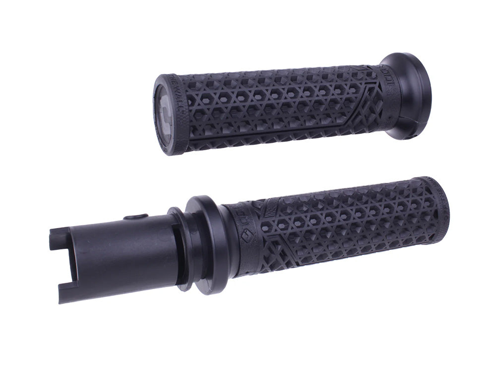 Vans Signature Lock-On Handgrips - Black/Black. Fits CVO Touring 2023up, Street Glide & Road Glide 2024up, Touring 2025up & Softail 2025up - ODI Grips & Bars
