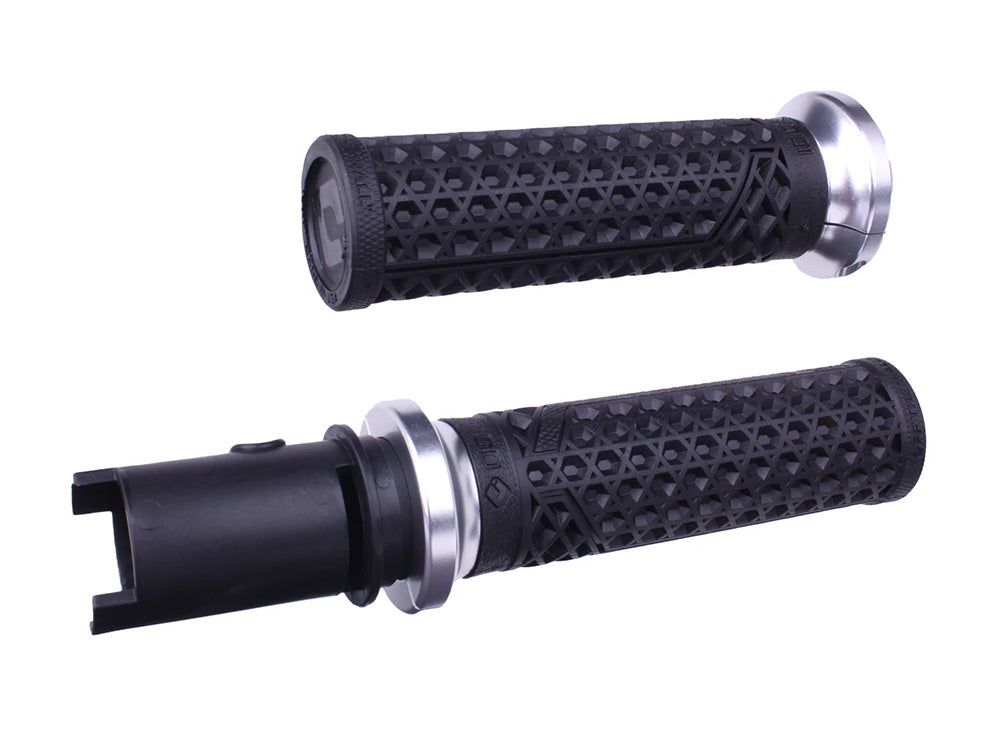 Vans Signature Lock-On Handgrips - Black/Silver. Fits CVO Touring 2023up, Street Glide & Road Glide 2024up, Touring 2025up & Softail 2025up - ODI Grips & Bars