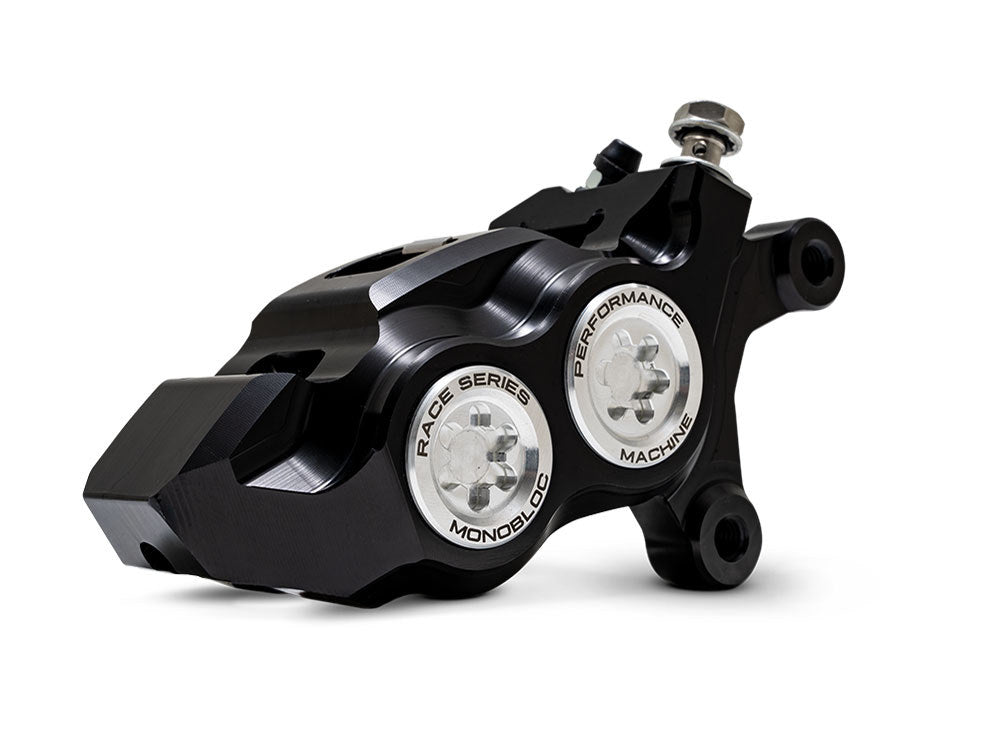 Right Hand Front 4 Piston Race Series Caliper - Black & Chrome. Fits Softail 2015up, V-Rod 2006-2017, Touring Most 2008-2024 & Sportster 2014-2021 - Performance Machine