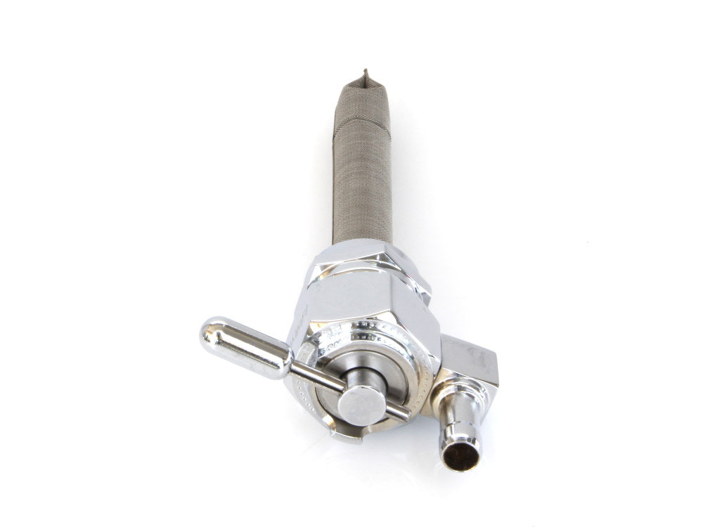 High-Flow Fuel Tap / Petcock with 22mm Thread, 5/16in. Downward Facing Fuel Outlet - Chrome. Fits Softail 1984-2006, Dyna 1991-2006, FXR 1982-1994, Touring 1988-2006, Sportster 1975-2006 & 4Spd Big Twin 1975-1986 - Pingle