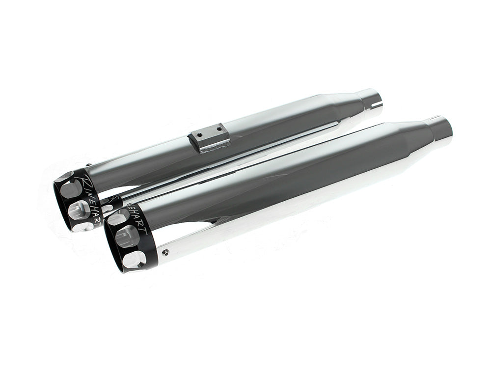 3in. Slip-On Mufflers - Chrome with Black Scalloped End Caps. Fits Softail Deuce 2007 & Fat Boy 2007-2017 - Rinehart Exhaust