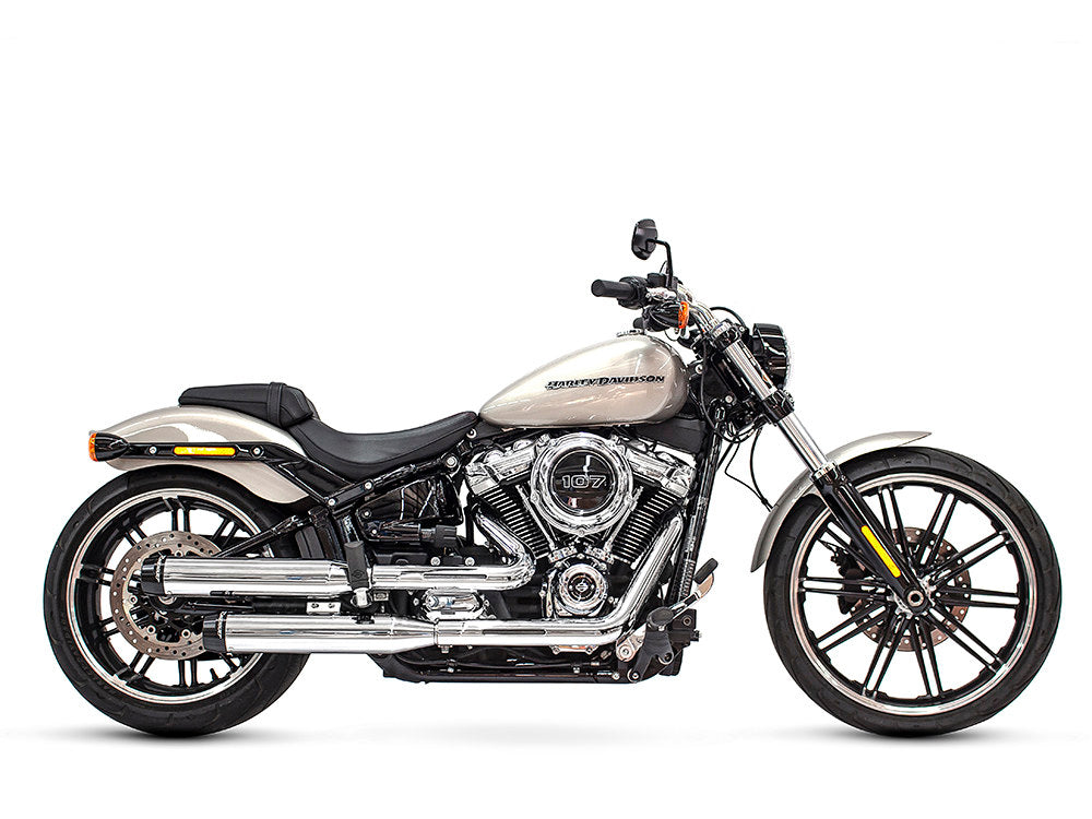 3-1/2in. Slip-On Mufflers - Chrome with Contrast Cut Black End Caps. Fits Softail Slim, Street Bob, Standard & Low Rider Models 2018-2024 & Breakout & Fat Boy 2018up - Rinehart Exhaust
