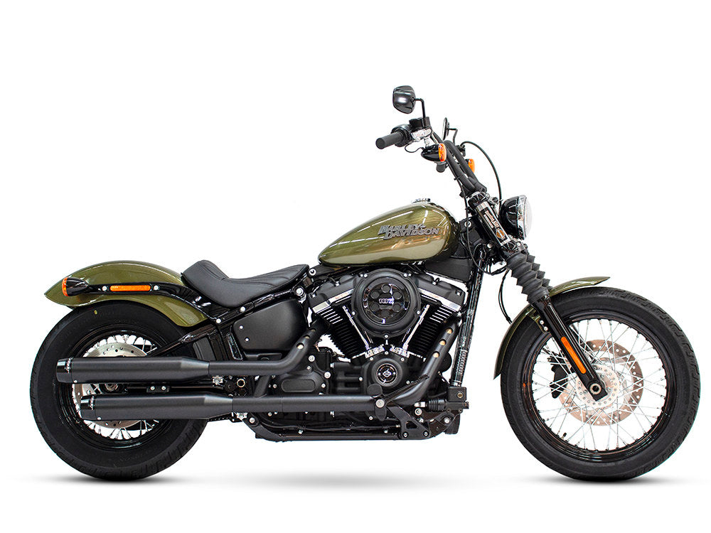 3-1/2in. Slip-On Mufflers - Black with Black Contrast Cut End Caps. Fits Softail Slim, Street Bob, Standard & Low Rider Models 2018-2024 & Breakout & Fat Boy 2018up - Rinehart Exhaust