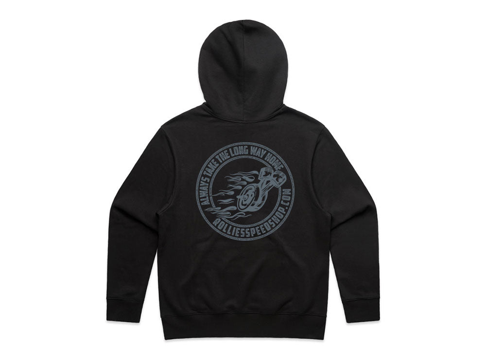 Large Rollies Speed Shop Long Way Home Black Hoodie - Rollies Speed Shop