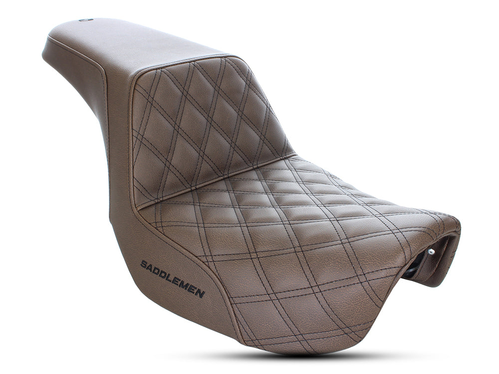 Brown Step-Up LS Dual Seat with Black Double Diamond Lattice Stitch. Fits Dyna 2006-2017. - Saddlemen Seats