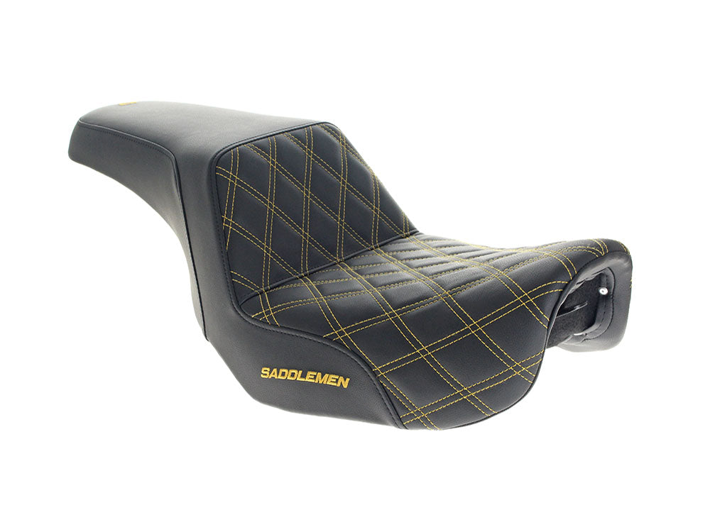 Step-Up LS Dual Seat with Gold Double Diamond Lattice Stitch. Fits Dyna 2006-2017. - Saddlemen Seats