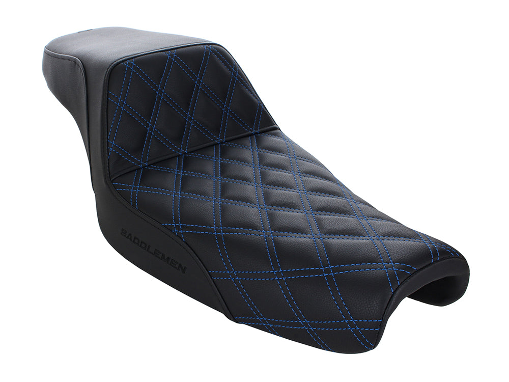 Step-Up LS Dual Seat with Blue Double Diamond Lattice Stitch. Fits Sportster 2004-2021 with 3.3 Gallon Fuel Tank. - Saddlemen Seats