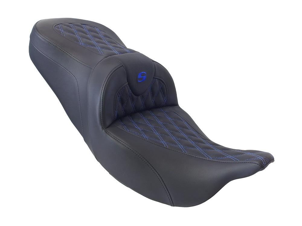 Roadsofa LS Dual Seat with Blue Double Diamond Lattice Stitch. Fits Most Touring 2008-2024 - Saddlemen Seats