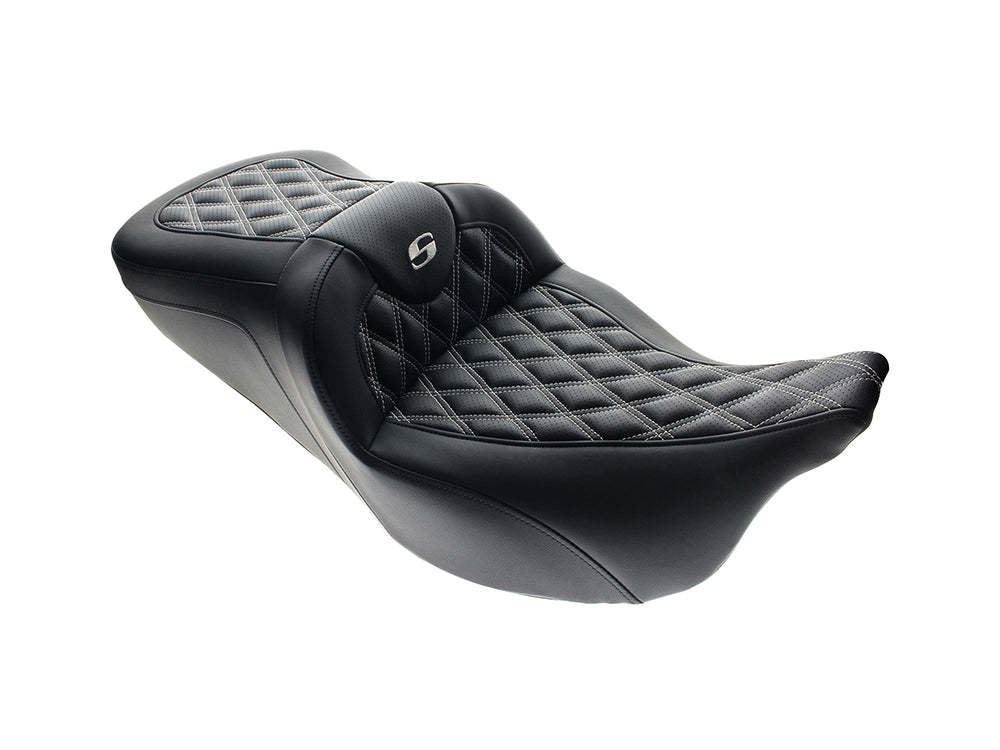Roadsofa LS Dual Seat with White Double Diamond Lattice Stitch. Fits Most Touring 2008-2024 - Saddlemen Seats