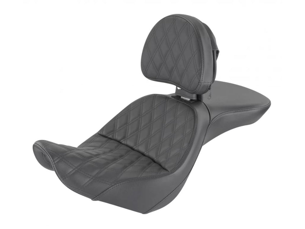 Explorer LS Dual Seat With Backrest & with Black Double Diamond Lattice Stitch. Fits Fat Boy 2018up & Breakout 2023up - Saddlemen Seats