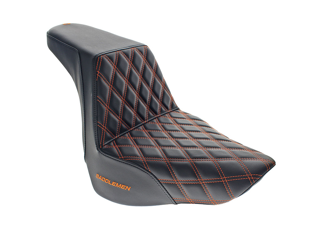 Step-Up Front LS Dual Seat with Orange Double Diamond Lattice Stitch. Fits Fat Boy 2018up & Breakout 2023up - Saddlemen Seats