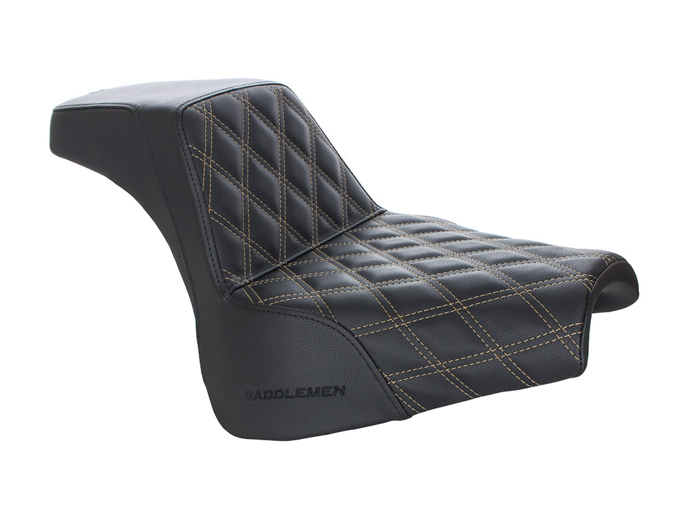 Step-Up LS Dual Seat with Gold Double Diamond Lattice Stitch. Fits Fat Bob 2018-2024 - Saddlemen Seats