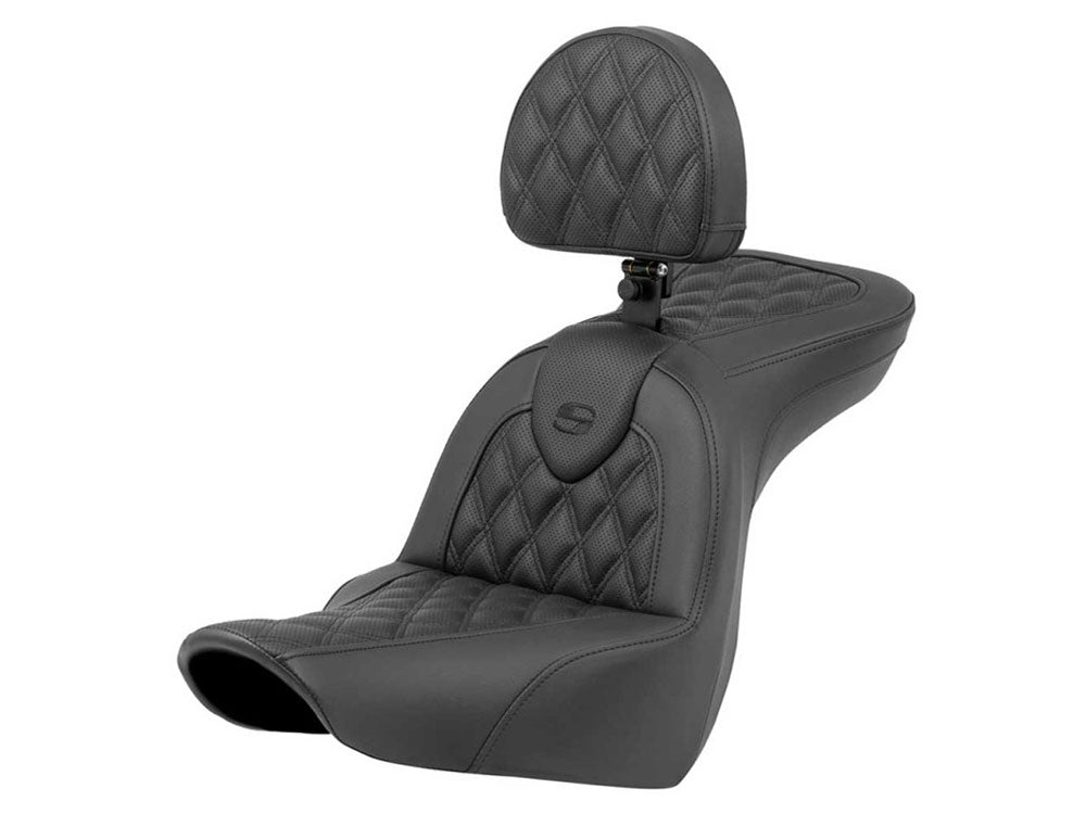 Roadsofa LS Dual Seat With Backrest & with Black Double Diamond Lattice Stitch. Fits Sport Glide & Low Rider 2018up, Low Rider S 2020up & Low Rider ST 2022up - Saddlemen Seats