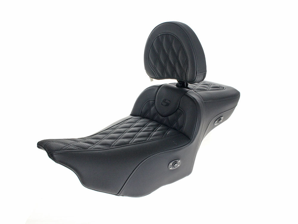 Heated Roadsofa LS Dual Seat With Backrest & Black Double Diamond Lattice Stitch. Fits CVO Touring 2023up, Street Glide & Road Glide 2024up, Touring 2025up - Saddlemen Seats