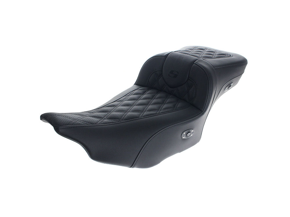 Heated, Extended Roadsofa Roadsofa LS Dual Seat With Black Double Diamond Lattice Stitch. Fits CVO Touring 2023up, Street Glide & Road Glide 2024up, Touring 2025up - Saddlemen Seats