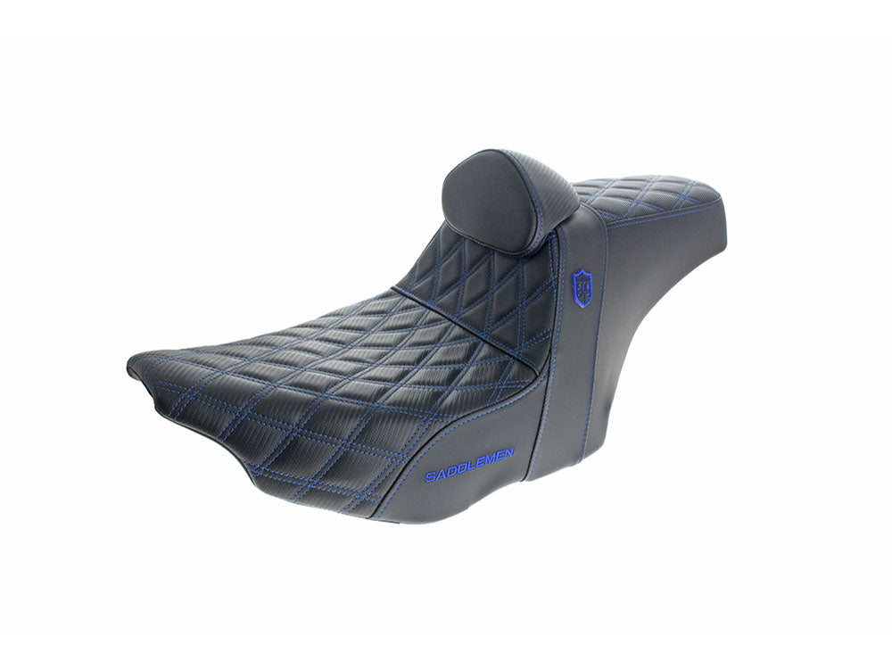 Step-Up San Diego Customs Pro Series Gripper Dual Seat With Backrest & Blue Stitch. Fits CVO Touring 2023up, Street Glide & Road Glide 2024up, Touring 2025up - Saddlemen Seats
