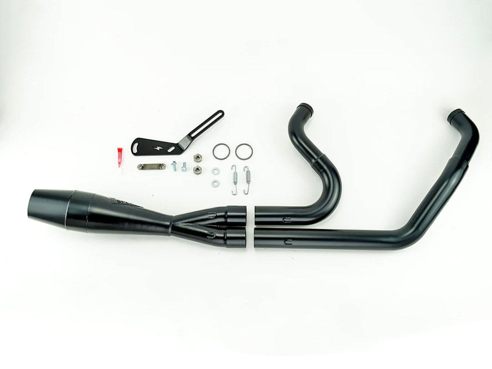 Shorty 2-into-1 Exhaust with Welded End Cap - Black. Fits Softail 2018up with 240 Rear Tyre. - Sawicki Speed