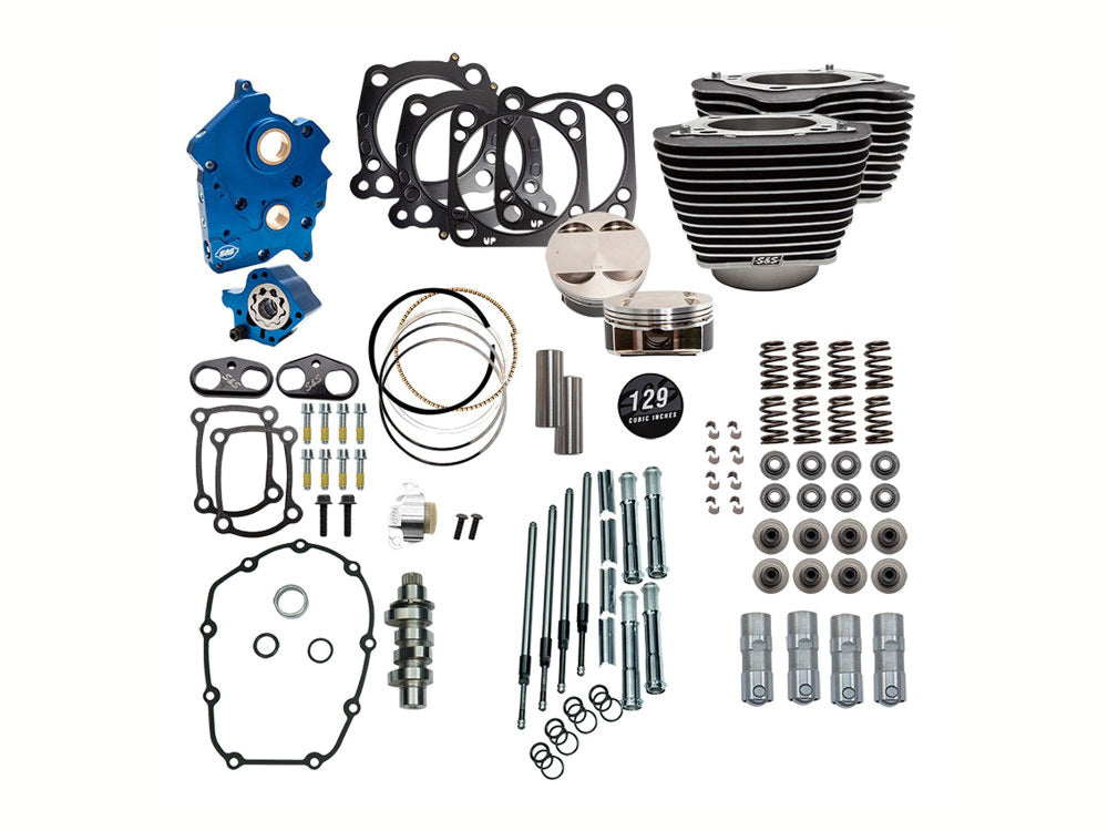 Power Pack - 129ci Big Bore Kit with Chain Drive 550 Camshaft, Highlighted Fins & Chrome Pushrod Tubes. Fits Milwaukee-Eight 2017-2024 with 107ci Oil Cooled Engine - S&S