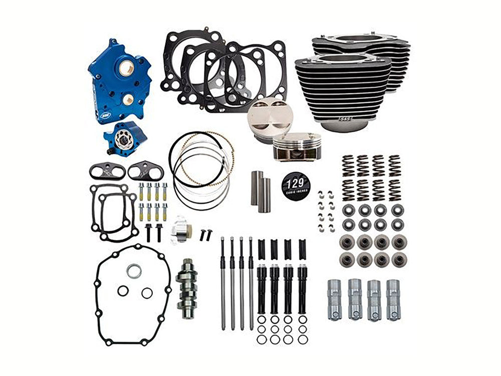 Power Pack - 129ci Big Bore Kit with Chain Drive 550 Camshaft, Highlighted Fins & Black Pushrod Tubes. Fits Milwaukee-Eight 2017-2024 with 107ci Oil Cooled Engine - S&S