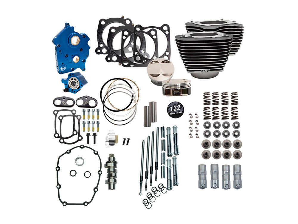 Power Pack - 132ci Big Bore Kit with Chain Drive 550 Camshaft, Highlighted Fins & Chrome Pushrod Tubes. Fits Milwaukee-Eight 2017up with 114ci or 117ci Oil Cooled Engine - S&S