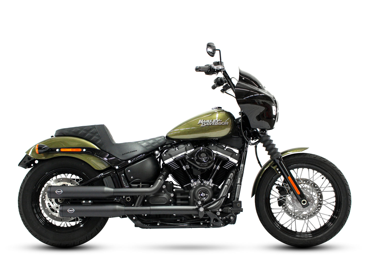 3-1/2in. Grand National Slip-On Mufflers - Black with Black End Caps. Fits Softail Slim, Street Bob, Standard & Low Rider Models 2018-2024 & Breakout & Fat Boy 2018up - S&S