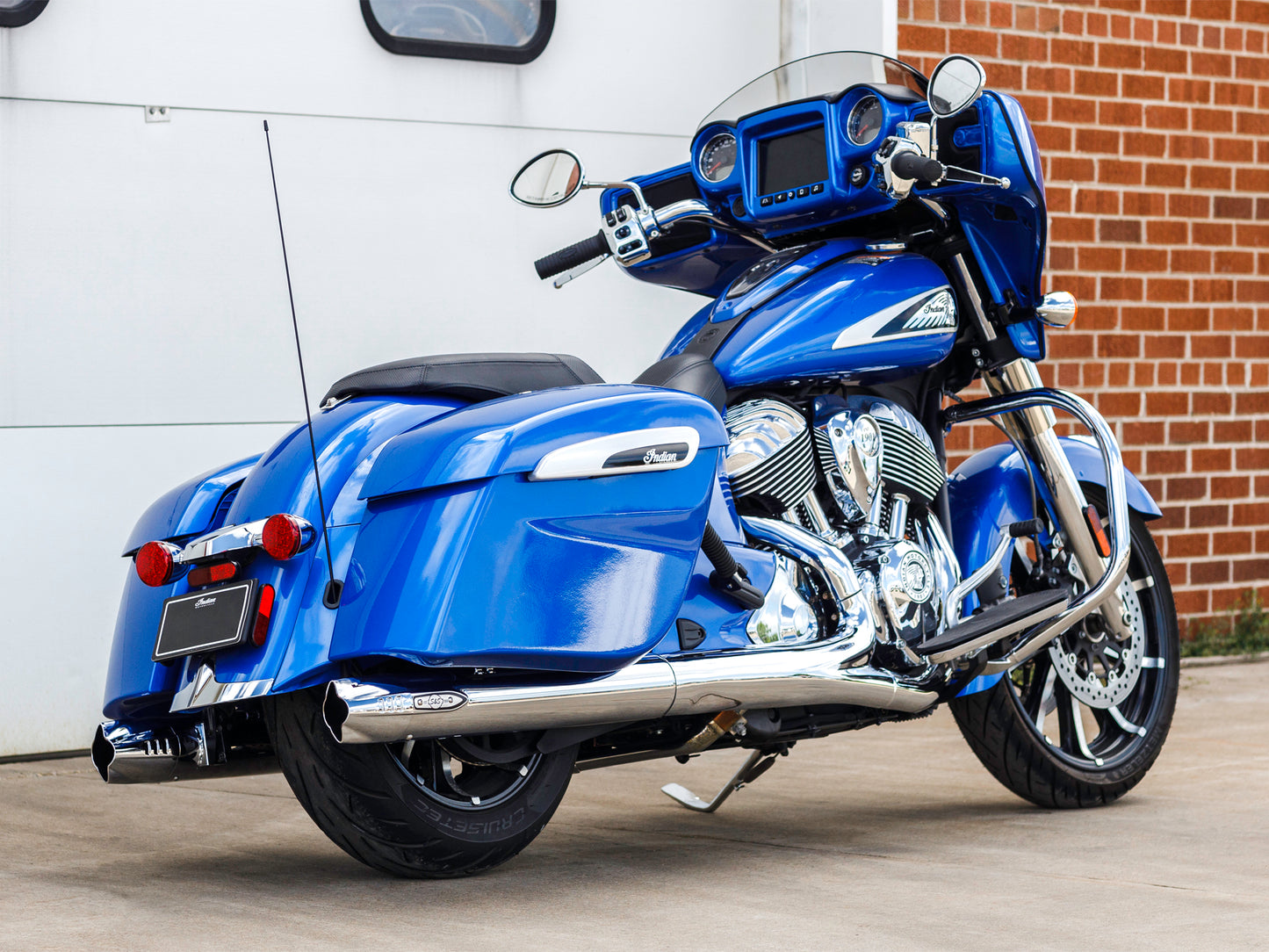 Fishtail 4in. Slip-On Mufflers - Chrome with Chrome End Caps. Fits Indian Big Twin 2014up with Hard Saddle Bags. - S&S